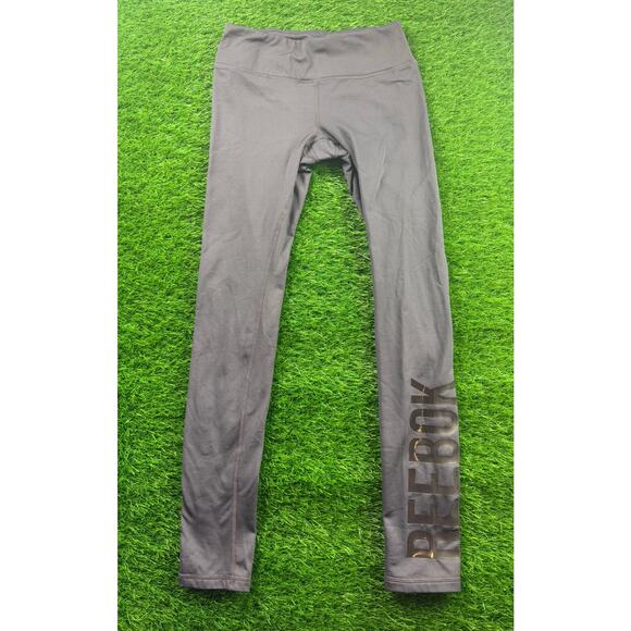 Reebok Women’s Leggings XS Gray Stretch Activewear Gym Yoga Pants Logo Print - Picture 1 of 9